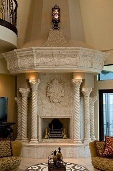 Wow marble corner fireplace Mansion Fireplace, Fancy Fireplace, Corner Stone Fireplace, Corner Fireplaces, Stone Fireplace Designs, Design Camino, Corner Gas Fireplace, Stone Types, Fireplace Designs