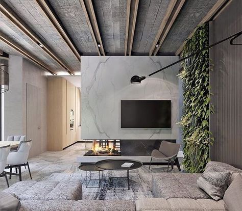 Concrete Ceiling Modern Furniture Design, Furniture Design Ideas, Concrete Ceiling, Accent Walls In Living Room, 아파트 인테리어, Design Room, Living Room Ceiling, Design Living Room, Fireplace Design