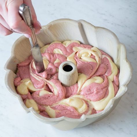 Marbled Strawberry Bundt Cake - Bake from Scratch Strawberry Bundt Cake, Marble Bundt Cake, Raspberry Glaze, Marble Cake Recipes, Roasted Strawberries, Pink Raspberry, True Summer, Marble Cake, Strawberry Puree