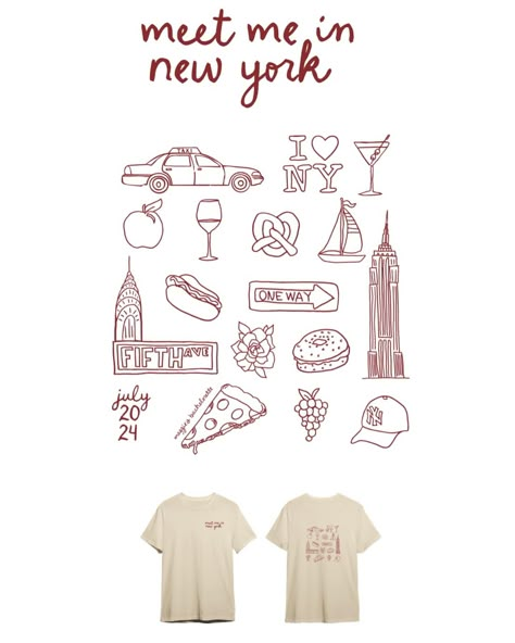 Meet me in New York🚕❤️ A moment for the custom t-shirts I made for my bachelorette weekend🍷 I wanted to combine icons from both The Finger Lake region of upstate New York, where I had my bachelorette, and New York City, where my friends will join me to celebrate the wedding! “Meet me in New York” felt fitting for both parts of the celebrations, and hopefully generic enough that my girls could wear this shirt whenever they please without screaming “I got this shirt at a bachelorette party.”😂 S... New York Bachelorette Party Ideas, New York Bachelorette Party, Meet Me In New York, New York Bachelorette, Nyc Bachelorette Party, Nyc Bachelorette, City Bachelorette, New York Theme, Drawn Icons