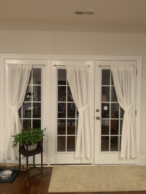 Curtains For Back French Doors, French Door With Blinds Inside, Privacy French Door Ideas, Dressed French Doors, Farmhouse French Doors Curtains, Shutters On French Doors Interior, Privacy French Doors, French Door Drapes, Curtains Above French Doors