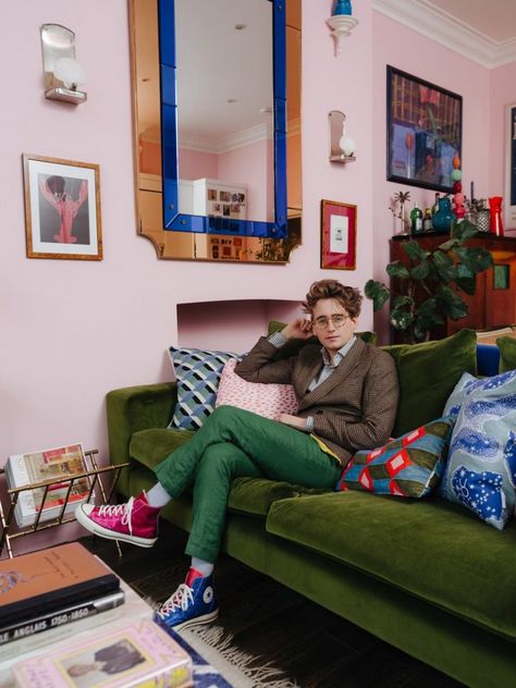 The Most Colorful Home in London - Katie Considers Luke Edward Hall, Trendy Sofas, Edward Hall, Small Sectional Sofa, Green Couch, Green Velvet Sofa, Pink Living Room, London Apartment, Hus Inspiration