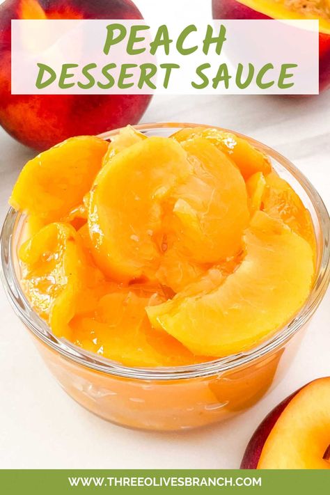 This Easy Peach Dessert Sauce is a fast and easy fresh fruit recipe! A perfect way to use the popular summer stone fruit in a simple sauce for sweets and baked goods. Easy Peach Dessert, Gluten Free Pumpkin Desserts, Peach Desserts Easy, Peach Sauce, Pesto Recipes, Hot Desserts, Peach Dessert, Fruit Recipe, Dessert Sauce