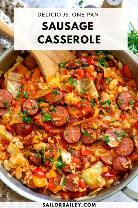 This Slow Cooker Sausage Casserole is not only mouthwatering but it's easy to make and all made in one pan, or in the crockpot.  via @sailor_bailey Sausage And Perogies Recipes Crockpot, Smoked Sausage Slow Cooker Recipes, Crockpot Keilbasa Recipes Easy, Kielbasa Slow Cooker Recipes, Sausage Crockpot Meals, Crockpot Recipes Sausage, Sausage Slow Cooker Recipes, Crockpot Sausage Recipes, Crockpot Keilbasa Recipes