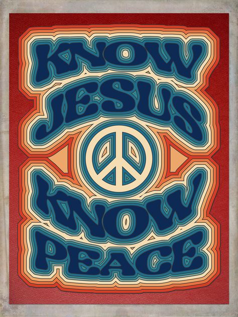 Inspirational, uplifting Christian message. Retro typographic design. #printondemand #redbubble #redbubblestore #redbubbleshop #redbubbledesigner #redbubbleartist #christiandesign #christianity #religion #jesus #christ #jesuschrist #retro #retrostyle #retrodesign #faith #faithingod #peace #christiangift #70s #seventies #typography #lettering #text Hippie Christian, Know Jesus Know Peace, Christian Graphic Design, Christian Accessories, Christian Graphics, Motivational Bible Verses, Christian Shirts Designs, Bible Verse Background, Retro Text