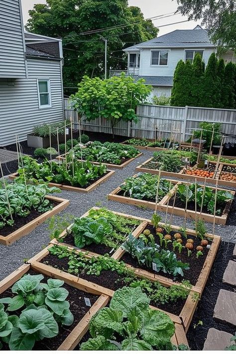 A backyard vegetable garden with multiple raised wooden beds, filled with various leafy greens and plants, surrounded by gravel paths and a wooden fence. Garden Patch Ideas, Front Yard Food Garden, Tiny Backyard Garden, Garden Planning Ideas, Veggie Garden Ideas, Backyard Vegetable Garden Ideas, Backyard Vegetable Garden Design, Kitchen Garden Ideas, Home Vegetable Garden Design