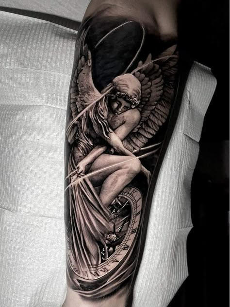 Tattoo, Angel, inspiration Standing Angel Tattoo, Angel Theme Tattoo, Rising Angel Tattoo, Angel Tattoo Men Arm, Guardian Angel Tattoo Sleeve, Angel Tattoo Forearm, Greek Angel Tattoo, Angel Tattoo Designs For Men, Angel Tattoo Sleeve