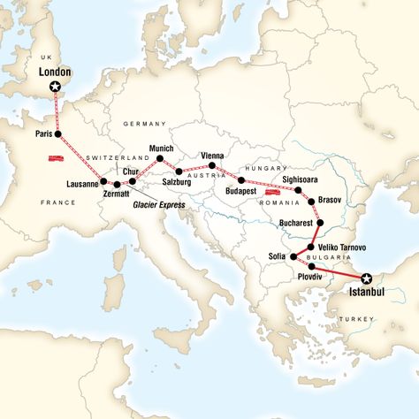 Map of the route for London to Istanbul by Rail Europe Train Travel, Train Map, Veliko Tarnovo, Europe Train, Road Trip Europe, Travel Route, Europe Map, G Adventures, Backpacking Travel