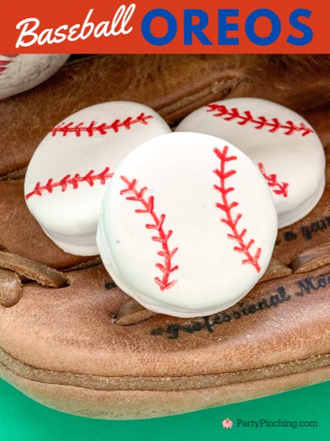 Baseball Oreo Balls, Baseball Desserts Ideas Treats, Baseball Themed Party Food, Baseball Potluck Ideas, Baseball Party Cookies, Baseball Brownies, Baseball Oreos, Baseball Graduation Party Ideas, Baseball Party Food