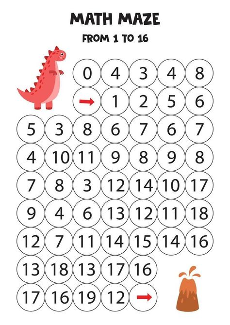 Counting game for kids. Math maze with dinosaur. Math Maze, Education Application, Maze Worksheet, Printable Games For Kids, Dots Game, Kids Math, Counting Games, Math Games For Kids, Cartoon Bee