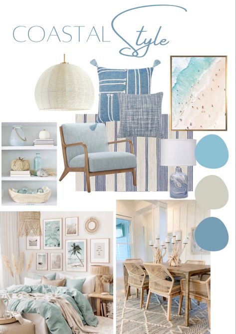 Minimalist Beach House Decor, Coastal Boho Interior Design, Coastal Mood Board Interior Design, Costal Decoration, Mood Board Coastal, Coastal Mood Board, Coastal Boho Interior, Coastal Blue Bedroom, Coastal Beach House Interiors