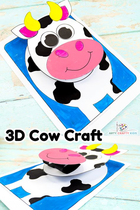 Learn how to make a 3D Paper Cow Craft with one simple paper folding technique! Our adorable cow paper craft is a fantastic first step into exploring the art of 3D paper crafting and encourages children to think about the use of perspective in their creativity. 3d Cow Craft, Cow Paper Craft, Cow Crafts Preschool, Cow Crafts For Kids, Cow Crafts, Paper Cow, Zoo Animal Crafts, Cow Craft, Farm Animal Crafts