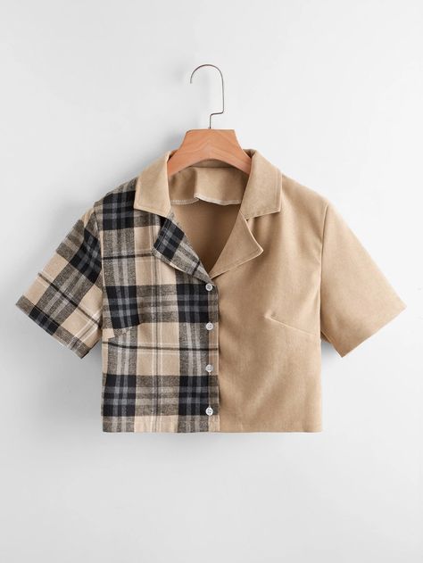 Plus Plaid Print Lapel Collar Crop Blouse | SHEIN Fashion Tops Blouse, Trendy Fashion Tops, Tomboy Style Outfits, Fashionista Clothes, Easy Trendy Outfits, Crop Top Outfits, Causual Outfits, Fashion Design Clothes, Crop Blouse