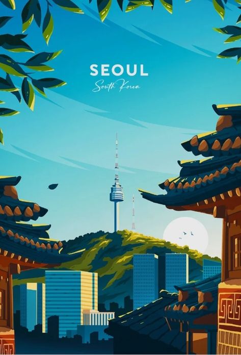 Seoul Illustration City, City Posters Aesthetic, Korea Illustration Art, Seoul Postcard, South Korea Poster, Seoul Illustration, Korean Background, Korea Illustration, Seoul Poster