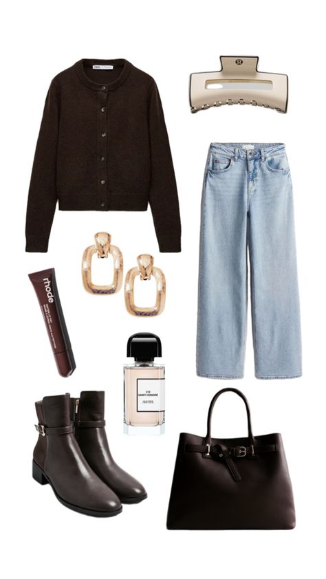 University college chocolate brown outfit Outfits With Brown Ankle Boots, Brown Tote Bag Outfit, Chocolate Brown Outfit, Brown Ankle Boots Outfit, Brown Cardigan Outfit, Chocolate Brown Cardigan, Brown Boots Outfit, Royal High Outfits Ideas Cheap, Tote Bag Outfit