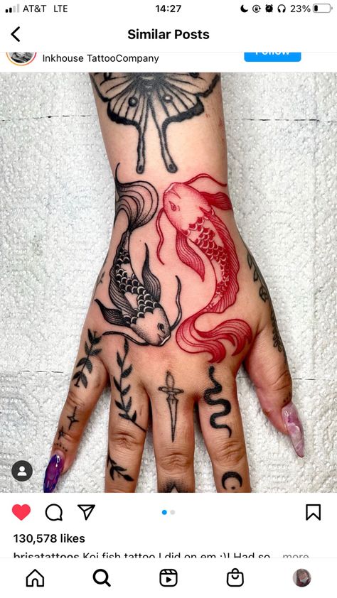 Dragon And Fish Tattoo, Koi Fish Hand Tattoo For Women, Koi Fish Tattoo On Hand, Black And Red Fish Tattoo, Red Black Dragon Tattoo, Koi Hand Tattoo, Traditional Tattoo Koi Fish, Koi Fish Tattoo Hand, Black And Red Koi Fish Tattoo