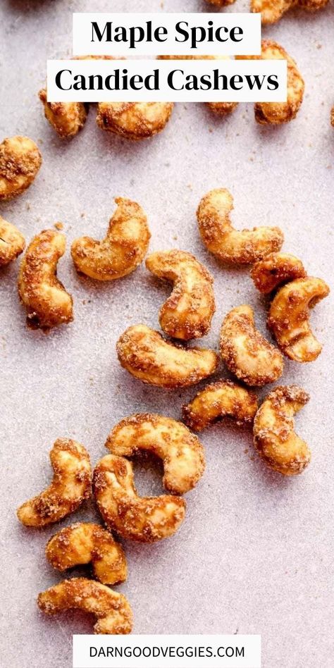 Maple Spice Candied Cashews are sweet, crispy, nutty and perfectly spiced! Made healthier with maple syrup.This recipe is vegan and gluten free. These nuts are great on a Thanksgiving cheese board or pack them up in a jar for the perfect Christmas gift! Christmas Cashew Recipes, Maple Roasted Cashews, Cashew Seasoning, Vegan Spiced Nuts Recipe, Maple Syrup Snacks, Vegan Maple Recipes, Cashews Recipes Snacks, Candied Cashews Recipes, Maple Cashews