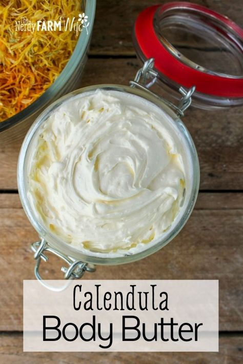 Calendula Face Cream Diy, Herbs For Dry Skin, Calendula Body Butter, Calendula Recipes, Herbal Body Butter, Calendula Lotion, Body Butter Recipes, Calendula Cream, Homemade Body Care