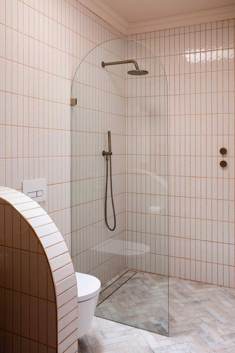 Three Birds Renovations, Master Ensuite, Pink Tiles, Contemporary Cottage, Sopot, Pink Bathroom, Tiny Bathroom, Shower Screen, Bathroom Renos