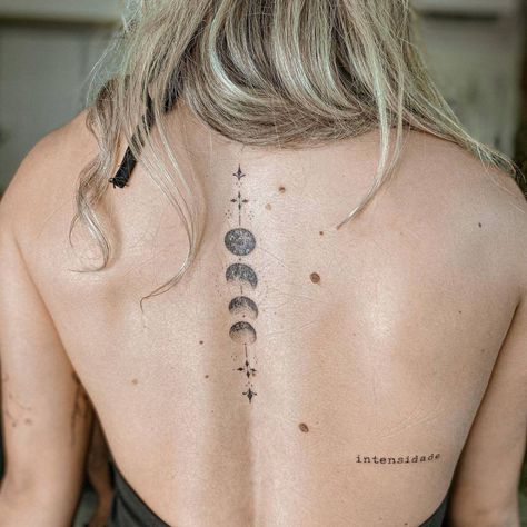 Fine line moon phases tattoo on the back. Moon Cycle Tattoo, Back Tattoo Women Spine, Moon Phases Tattoo, Army Tattoos, Omerta Tattoo, Moon Tattoos, Moon Tattoo Designs, Spine Tattoos For Women, Spine Tattoo