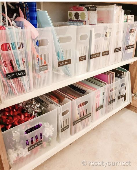 Gift Bag Organizer Storage Ideas, Wrapping Storage Ideas, Wrapping Paper Station In Laundry Room, Storage Area Organization, Gift Box Storage, Small Craft Storage Ideas, Gift Wrap Station Ideas, Office Organization Ideas For The Home, Basement Closet Organization Ideas