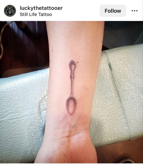 Silver Spoon Tattoo, Silverware Tattoo, Spoon Tattoo Ideas, Spoon Theory Tattoo, Spoon Tattoo, Nail Piercing, Spoon Theory, Tattoo Shoulder, Vintage Spoons