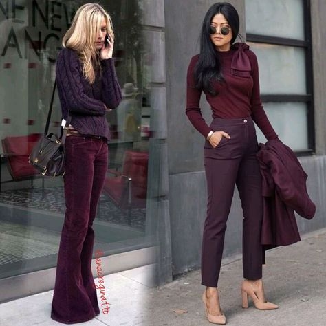 fall outfits beautiful stylle fashion Outfits With Plum Pants, Plum Top Outfit, Wine Pants Outfit, Wine Colored Pants Outfit, Viktoria Core, Burgundy Pants Outfit, Colored Pants Outfits, Winter Business Outfits, Wine Pants