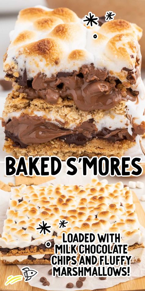 Baked S’mores, S’mores Casserole, S’mores Bake, S’mores Dessert, Baked Smores, Desserts With Chocolate Chips, Kids Treats, Smore Recipes, Chocolate Pie Recipes