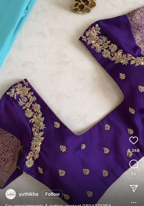 Simple Designs For Blouse Work, Dark Blue Aari Work Blouse, Simple Blouse Embroidery Designs Silk, Pattu Saree Blouses, Violet Colour Blouse Work Designs, Embroidery Designs Blouses, Simple Maggam Blouse Designs, Blue Color Blouse Designs, Pattu Saree Blouse Designs Maggam Work Latest