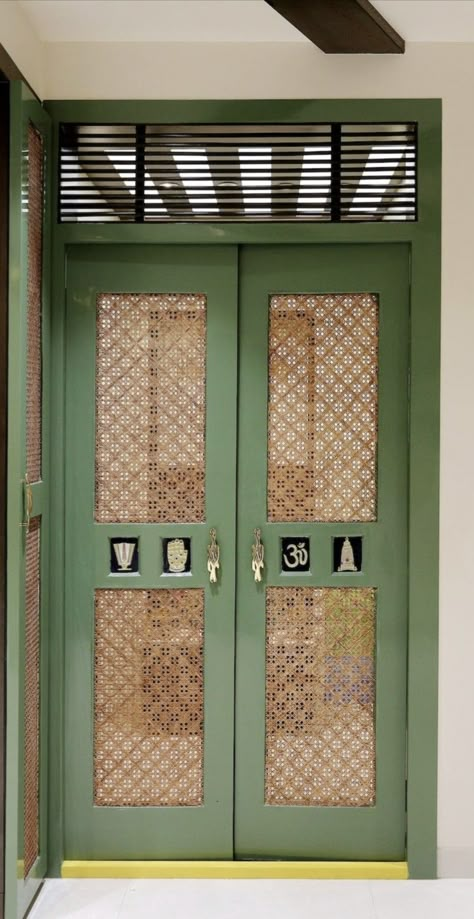 Safety pipe door with mesh to prayer room simple and attractive design Boutique Door Design, Pooja Unit With Door, Puja Room Wall Design, Temple Room Door Designs, Puja Door Design, Puja Room Door Design, Pooja Room Doors, Mandir Door Design, Pooja Units