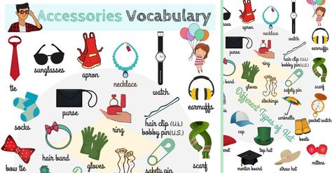 Accessories Vocabulary in English | Learn Accessories Names | 7ESL Dipped Hair, Printable Pictures, Black And White Baby, New Trucks, Woodland Nursery, Animal Nursery, Animal Decor, Language Learning, Vocabulary Words