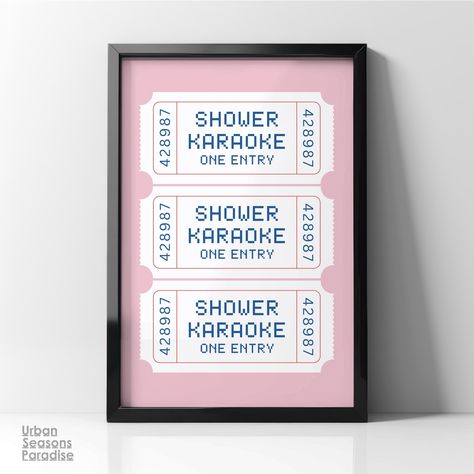 Product description. -Add some fun to your space with this Retro Shower Karaoke Ticket wall art! Perfect for bringing a quirky touch to your bathroom or any room that needs a laugh. With its vintage ticket design and playful vibe, this piece is sure to make you smile every time you see it. Great for music lovers, karaoke fans, or anyone who loves to sing in the shower. Brighten up your home with this unique and cheerful artwork! ⭐︎ More Shower Karaoke Ticket, Trendy&Inspiration Quote ▸ https://w Shower Karaoke, Retro Pink Bathroom, Singing Funny, Ticket Style, Vintage Ticket, Concert Ticket, Ticket Design, Funny Bathroom Decor, Funny Wall Art