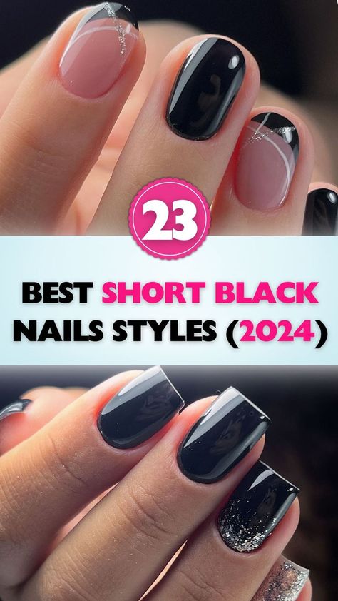 Ready for a chic update? Browse our top picks for short black nails styles in 2024, featuring everything from sleek monochromes to playful glitters. Short Black Gel Nail Designs, Black Nails With Accent Color, Short Gel Nails Black Design, Black Dip Nails With Design, Black And Glitter Nails Short, Black Gel Polish Designs, Black Fall Nails Short, Manicure Ideas For Short Nails Natural Classy, Black Classic Nails