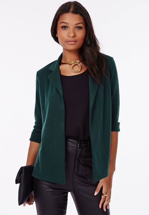 6 Ways To Wear A Blazer Without Being Boring Dark Green Blazer Outfit, Blazer Outfits For Women Work, Ways To Wear A Blazer, Womens Green Blazer, Green Blazer Outfit, Dark Green Blazer, Neon Prom Dresses, Being Boring, Jersey Blazer