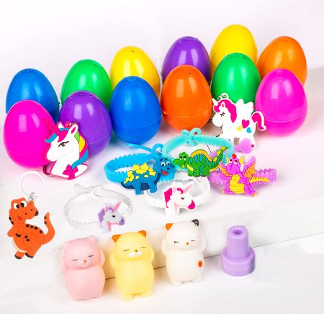 PRICES MAY VARY. SELECTED EDITION PACK : Coming with 12 PCS easter eggs filled with 3 x mochi squishy cat, 3 x dinosaur wristband, 2 x unicorn wristband, 1 x dinosaur keychain, 2 unicorn keychain, 1 unicorn stamp. Each pre filled egg measures 2.2” inches tall, 1.65” inches wide easter eggs filled with toys. WHAT YOU SEE IS WHAT YOU GET : The easter egg stuffers in your package are the same as those you see in the photo. Our team created for you this pre filled plastic easter eggs pack. The only Filled Easter Eggs, Easter Egg Treats, Easter Egg Stuffers, Stuffed Eggs, Egg Stuffers, Easter Egg Filling, Easter Party Favors, Dinosaur Keychain, Mochi Squishy