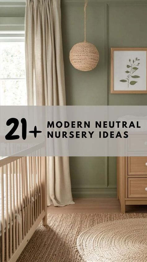 Neutral nursery with sage green walls, natural wood crib, woven pendant light, and soft textures, creating a calm and inviting atmosphere ideal for a modern baby room. Green Nursery Girl, Neutral Nursery Ideas, Neutral Nurseries, Modern Baby Room, Organic Nursery, Nursery Accent Wall, Accent Wall Colors, Nursery Girl, Natural Wood Furniture