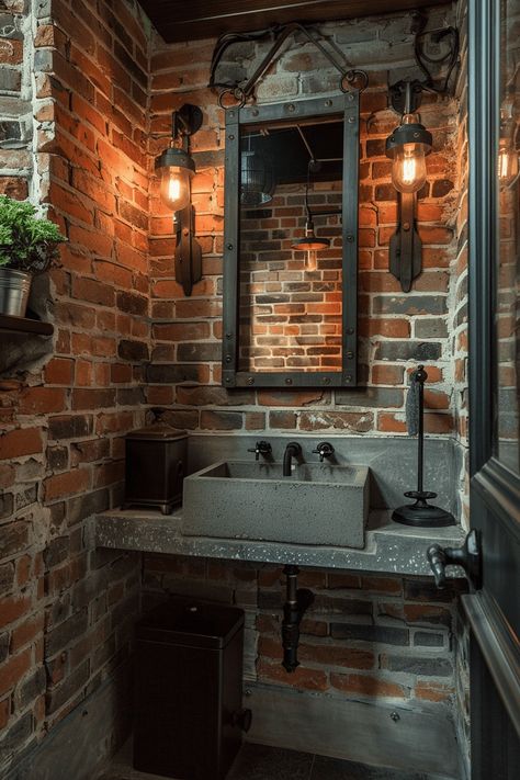 36+ Powder Room Ideas to Transform Your Small Space Industrial Public Restroom Design, Industrial Interior Design Bathroom, Exposed Brick Interior Design, Repurposed Interior Design, Mancave Bathroom Ideas, Industrial Powder Room, Brick Bathroom Ideas, Industrial Bathroom Ideas, Brick Bathroom