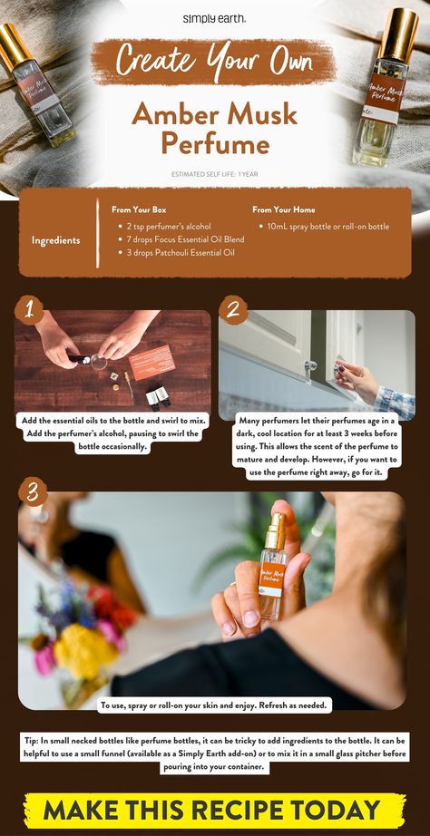 ✨ DIY Perfume Lovers, this one’s for you! ✨ Today, we’re crafting a luxurious Amber Musk Perfume that’s eco-friendly and super easy to make at home. 🌿💧   No synthetic ingredients here—just pure, natural goodness! Ready to create an unforgettable scent?   #SimplyEarth #essentialoils #DIYrecipes Focus Essential Oil Blend, Diy Perfume Recipes, Essential Oils Focus, Essential Oil Perfumes Recipes, Essential Oils For Face, Homemade Perfume, Simply Earth, Musk Perfume, Musk Scent