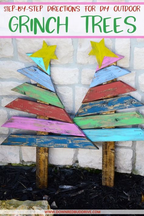 DIY outdoor grinch trees Diy Outdoor Grinch, Diy Grinch, Christmas Crafts To Make And Sell, Colorful Christmas Decorations, Grinch Decorations, Whimsical Christmas Decor, Grinch Trees, Grinch Christmas Tree, Wooden Christmas Crafts