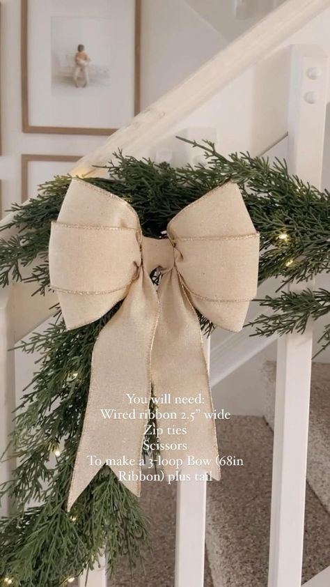 Big Bow For Front Door, Wreaths Without Bows, Christmas Bows On Chairs, Christmas Bow Topper Tutorial, Simple Christmas Tree Topper, Xmas Tree Bows Easy Diy, Christmas Tree Bow Tutorial, How To Christmas Bow, Simple Bows For Wreaths