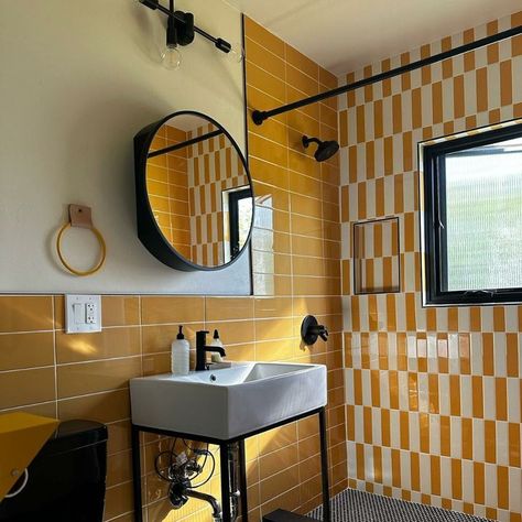 Vibrant color palettes create a look that's as unique as the era that influenced it.  Get the look with Daltile Color Wheel Linear in Mustard and Biscuit. ⁣ Retro Shower Tile, Yellow Sink Bathroom, Mustard Yellow Bathroom, Mustard Bathroom, Cabin Vibes, Bathroom With Tub, Mid Century Bathroom, Retro Bathrooms, Barn Decor