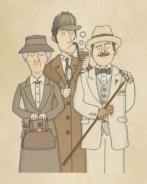 What a fun sketch.  Sherlock is visiting Agatha Christie's Poirot, Agatha Christie Books, Detective Fiction, Miss Marple, Hercule Poirot, True Detective, Detective Story, Desenho Tattoo, Agatha Christie