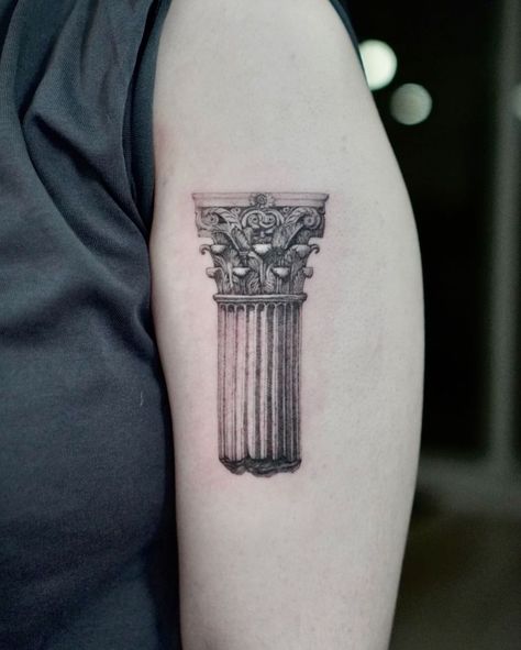 Fine Line Architecture Tattoo, Greek Pilar Tattoo, Greek Pillar Tattoo, Architect Tattoo, Building Tattoo, Greek Ideas, Tats Ideas, Private Tattoos, Egypt Tattoo