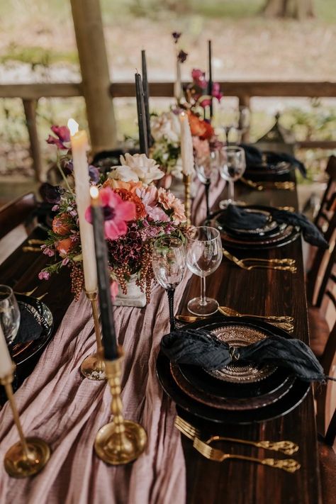 Elegant Jeweled Styled Shoot — Power of Love Rentals Dark Academia Dinner Table, Moody Black And Pink Wedding, Black And Colorful Wedding Table Settings, Gothic Wedding Palette, Moody Purple Wedding Decor, Gothic Spring Wedding, Dark And Moody Bridal Shower Ideas, Goth Wedding Table Decor, Dark Feminine Party