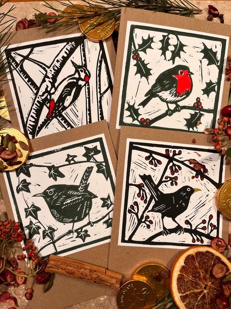 Linocut Cards, Lino Print Pattern, Christmas Card Collage, Print Making Designs, Christmas Blocks, Print Christmas Card, Linocut Printmaking, Lino Art, Hand Carved Stamps