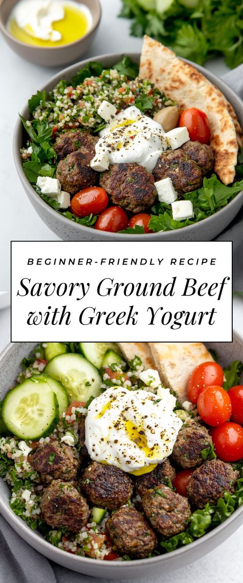 Image for Savory Ground Beef with Greek Yogurt Ground Beef Bowl, Gyro Bowl, Greek Yogurt Sauce, Beef Bowl, Beef Bowls, Greek Yogurt Recipes, Meat Alternatives, Cous Cous, Ingredient Substitutions