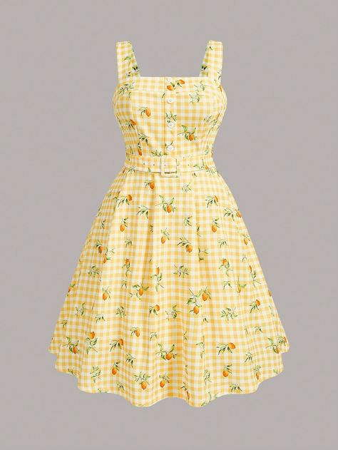 Vintage Elegant Women Dress, Spring/Summer Checkered Cherry Fruit Print With Belt, Sleeveless Square Neckline And Umbrella Skirt Derby Dress Mother Day Outfit Summer Mother Day Dress Concert Outfits Casual Summer Dress Brunch Dress Blue Dress Summer Clothes Festival Outfits Sundress Short Plaid Dress Cottage Core Homecoming Dresses Birthday Women Outfits Yellow Women Dresses Yellow Boho  Sleeveless Knitted Fabric Gingham,Plaid,Striped,All Over Print Cami Medium Stretch  Women Plus Clothing, size features are:Bust: ,Length: ,Sleeve Length: Gingham Print Outfit, Vintage Yellow Outfit, Concert Outfits Casual, Mother Day Outfit, Blue Dress Summer, Concert Outfit Casual, 60s Clothes, Dress Cottage, Umbrella Dress