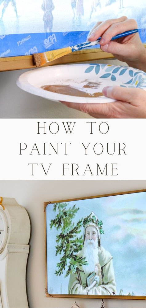 Recently I painted the plastic frame around my television and it turned out amazing! Come see how I painted my tv frame to make it into a vintage frame. This Samsung frame tv dupe is simple and easy to follow and the frame looks beautiful! Now add art with Youtube and you have art tv. Learn how to paint a tv frame with these simple steps. Paint frame behind tv with acrylic paint. Paint frame around tv. Television paint for frame. Frame tv with paint. Diy Television Frame, Artwork Over Tv, How To Make A Tv Look Like Art, Frame Around Tv, Gold Frame Gallery Wall, Picture Frame Tv, Rub And Buff, Paint Frame, Picture Frame Light