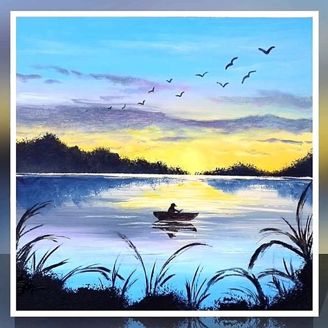 Boat Silhouette Painting, Lake Painting Easy, Lake Drawing, Painted Coolers, Sunset Acrylic Painting, Watercolour Drawings, Sunset Acrylic, Sunset Painting Acrylic, Drawing Scenery