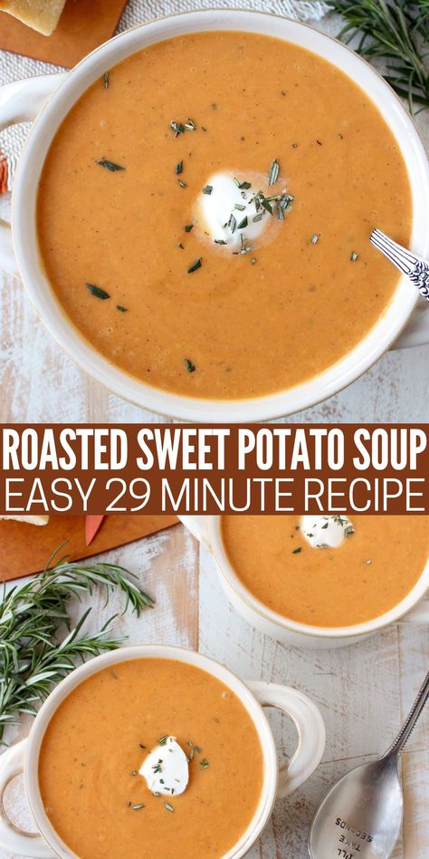 sweet potato soup in bowls with a spoon Sweet Potato And Coconut Milk, Dairy Free Creamy Soup Recipes, Sweet Potato Soup Recipes Easy, Easy Sweet Potato Soup, Soup With Rosemary, Sweet Potato Soup Vegan, Vegan Potato Soup, Easy Vegan Soup, Best Sweet Potato